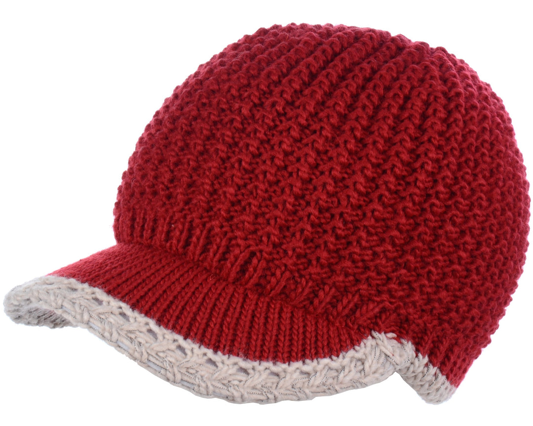 H5201 - One Dozen Lined Winter Knit Visor Beanie Cap with Brim and Contrast Trim