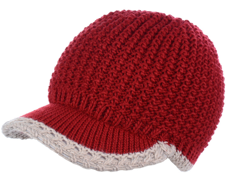 H5201 - One Dozen Lined Winter Knit Visor Beanie Cap with Brim and Contrast Trim