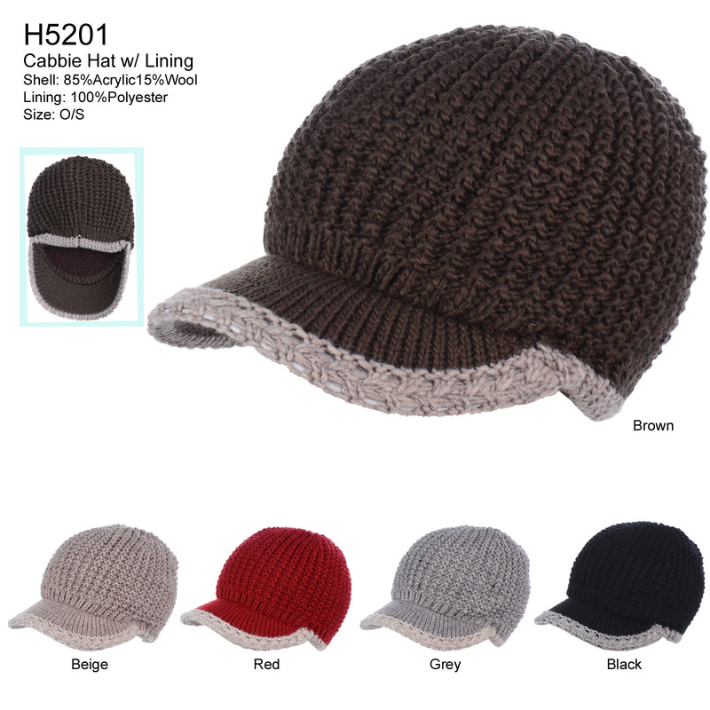 H5201 - One Dozen Lined Winter Knit Visor Beanie Cap with Brim and Contrast Trim