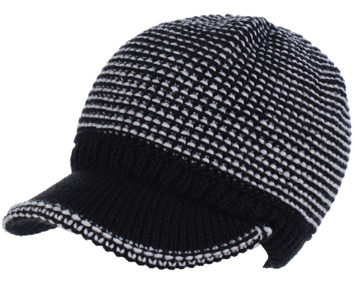 H5206 - One Dozen Metallic Thread Bicolor Lined Winter Knit Visor Beanie Cap with Contrast Brim