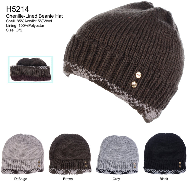 H5214 - One Dozen Plaid Trim Lined Winter Beanie Hat