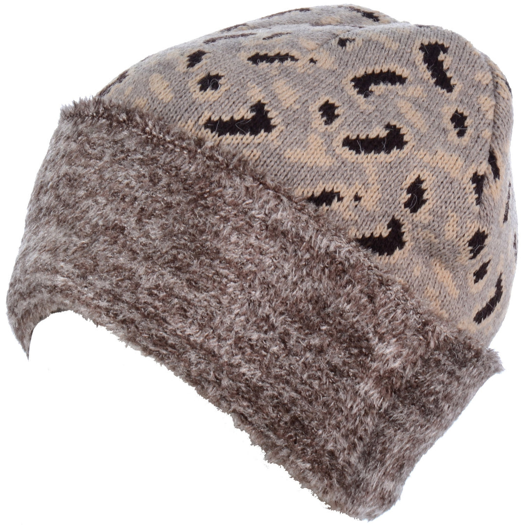 H5215 - One Dozen Animal Print Double Layer Winter Beanie Hat with Plush Fur Cuff