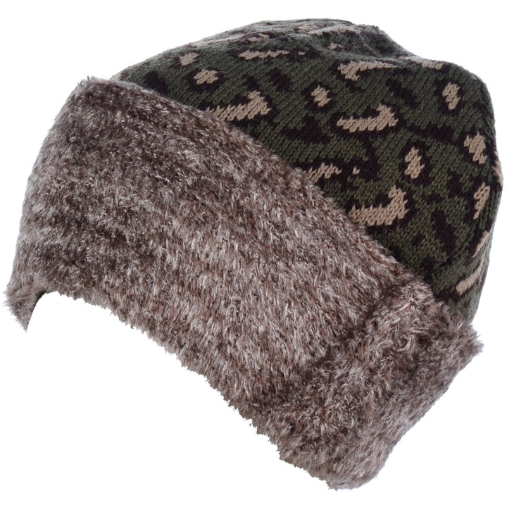 H5215 - One Dozen Animal Print Double Layer Winter Beanie Hat with Plush Fur Cuff