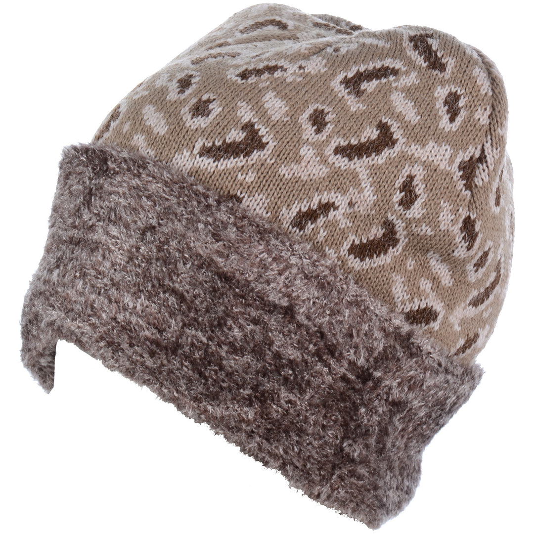 H5215 - One Dozen Animal Print Double Layer Winter Beanie Hat with Plush Fur Cuff