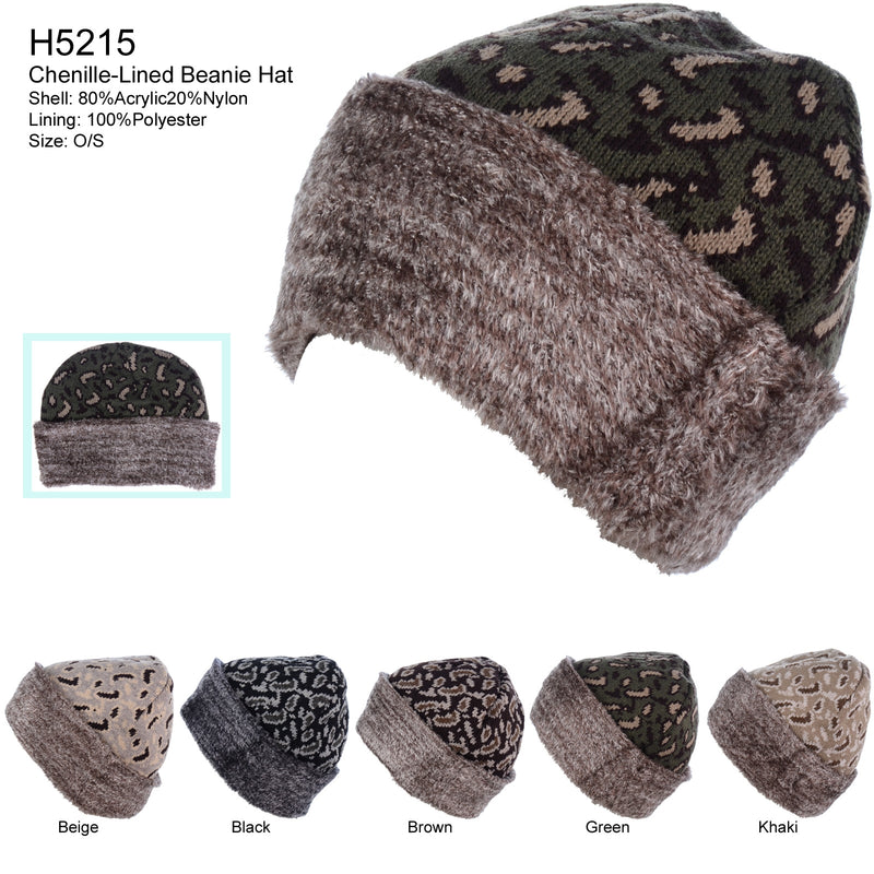 H5215 - One Dozen Animal Print Double Layer Winter Beanie Hat with Plush Fur Cuff