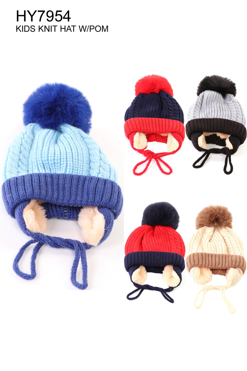 HY7954 - One Dozen Kids Soft Warm Beanies Hat w/ Pom