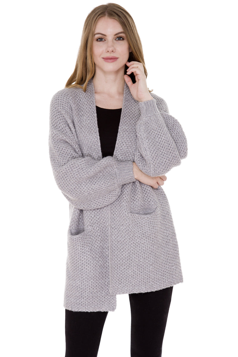 JP971_GRAY_SOLID COLOR HOLLOW KNITTED CARDIGAN W/ BISHOP SLEEVES & POCKETS