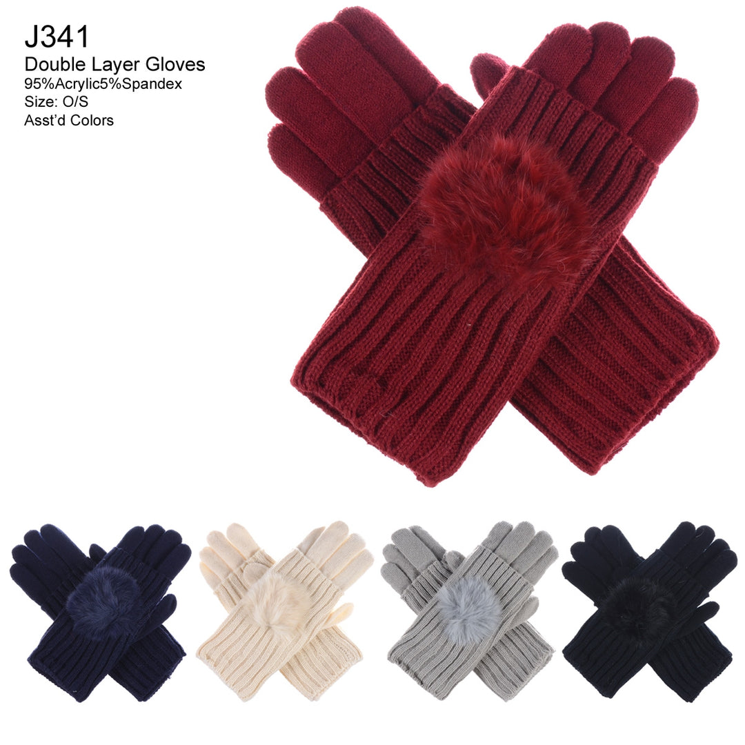 J341 - One Dozen Ladies Solid Color Faux Fur PomPom Detailing Glove