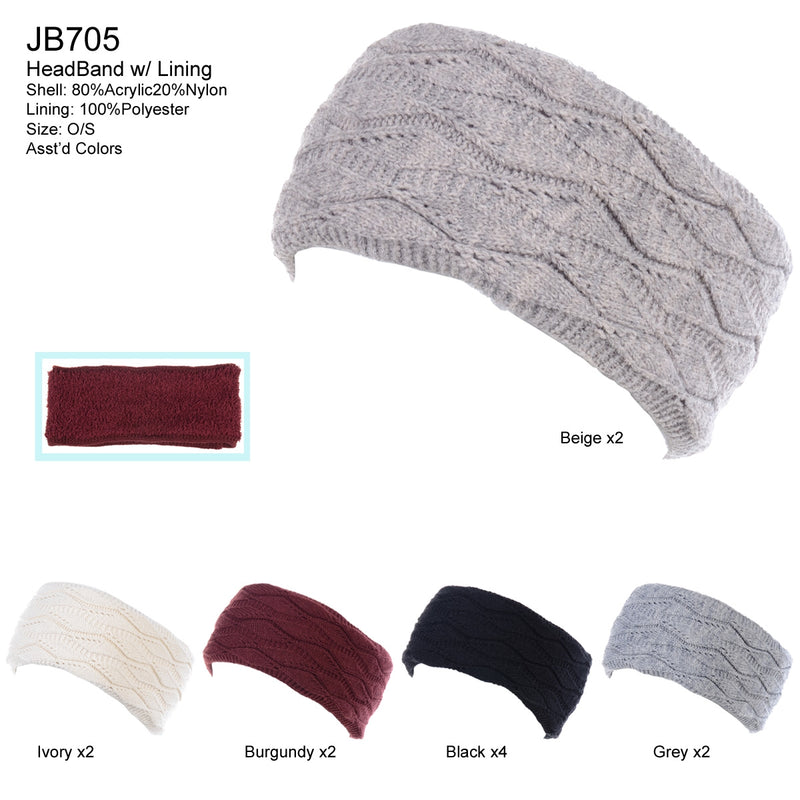 JB705 - One Dozen Knitted Fuzzy Lined Ear Warmer Headband
