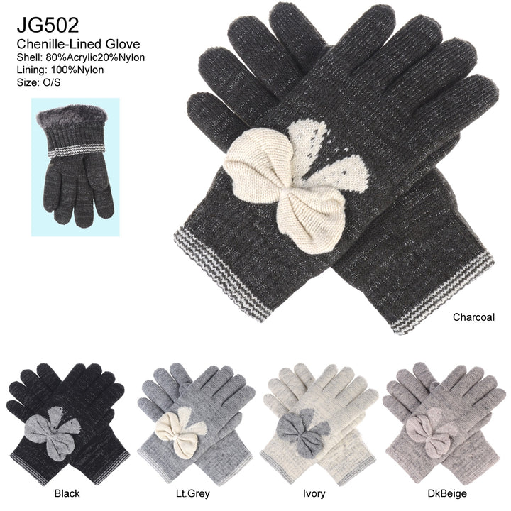 JG502 - One Dozen Ladies Double Layer Lining Knit Bow Tie Gloves