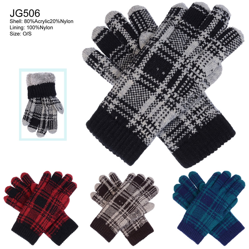 JG506 - One Dozen Ladies Plaid Pattern Soft Inside Fur Lining Gloves