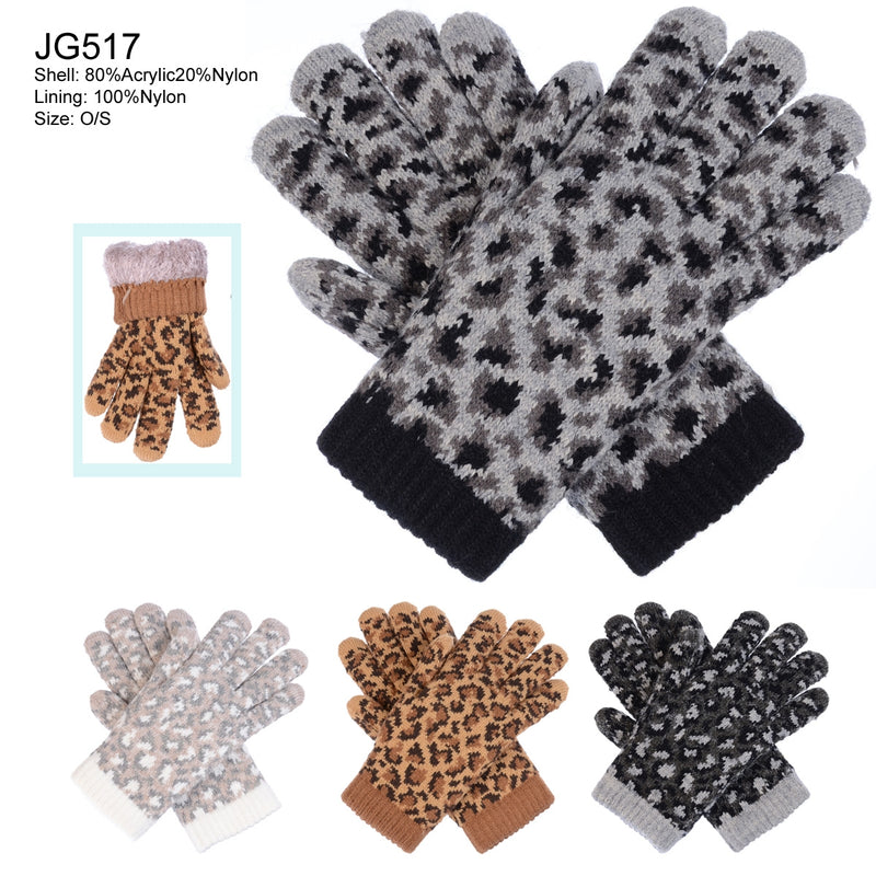 JG517 - One Dozen Ladies Leopard Pattern Soft inside Fur Lining Gloves