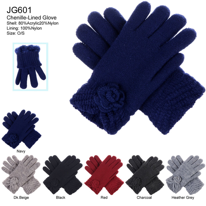 JG601 - One Dozen Ladies Double Layer Fur Lining Flower Gloves