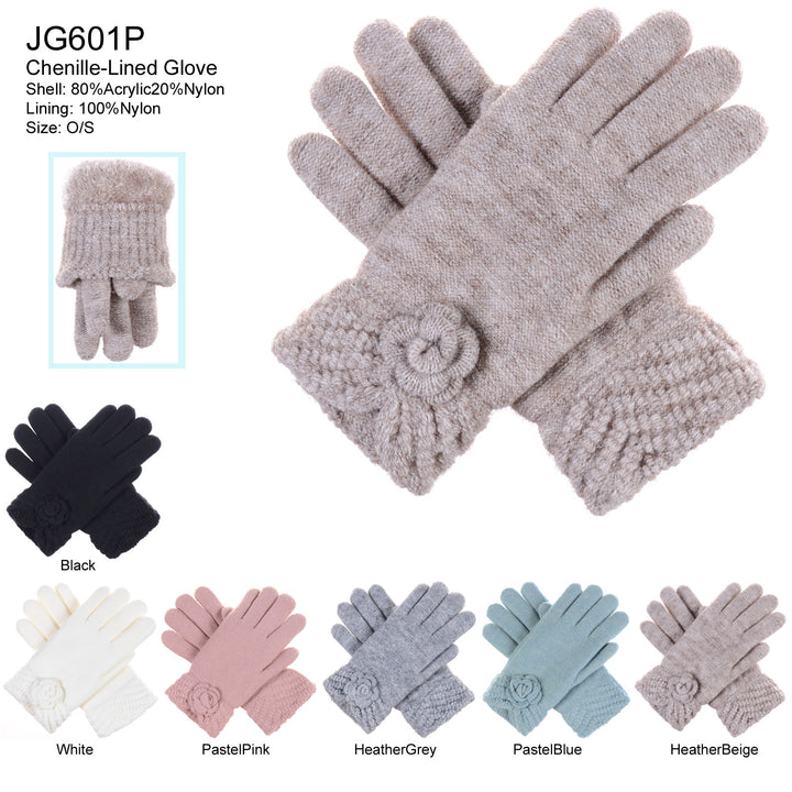 JG601P - One Dozen Ladies Double Layer Fur Lining Flower Gloves