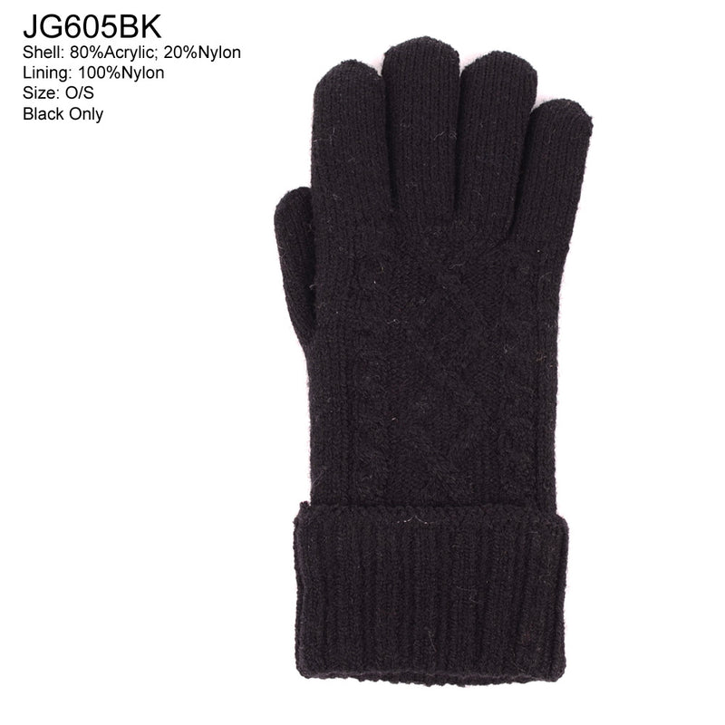 JG605_BLACK - One Dozen Solid Color Cable Knit Gloves