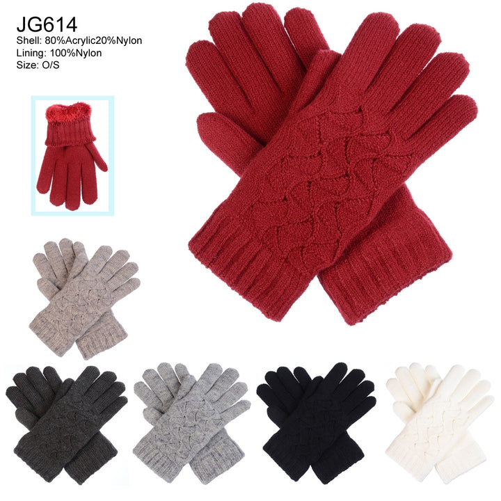 JG614 - One Dozen Ladies Solid Double Layer Fur Lining Knit Gloves