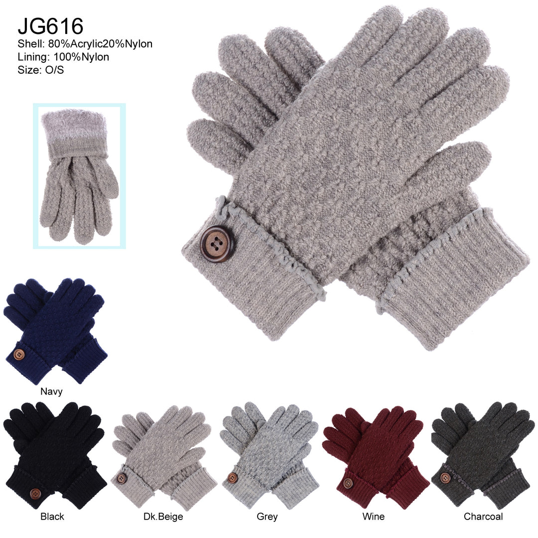 JG616 - One Dozen Ladies Double Layer Fur Lining Knit Gloves w/ Button Accent