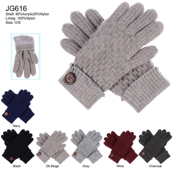 JG616 - One Dozen Ladies Double Layer Fur Lining Knit Gloves w/ Button Accent