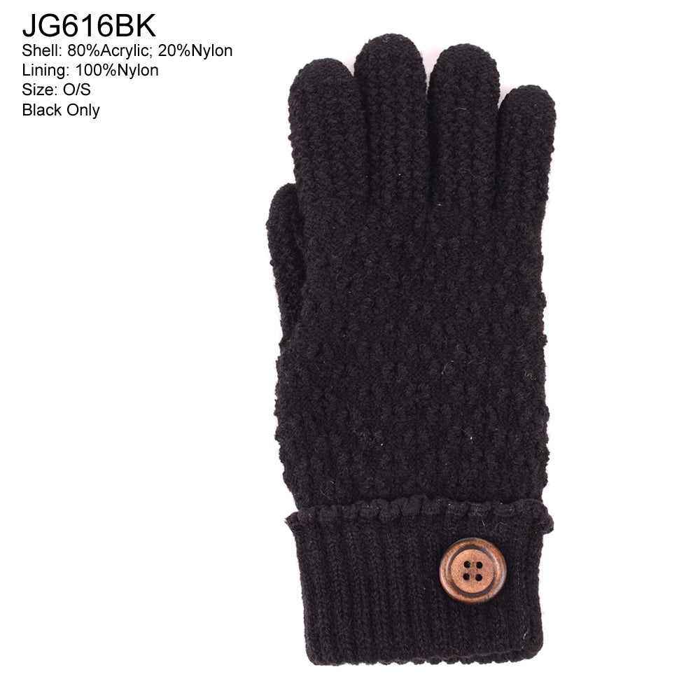 JG616_BLACK - One Dozen Ladies Double Layer Fur Lining Knit Gloves w/ Button Accent