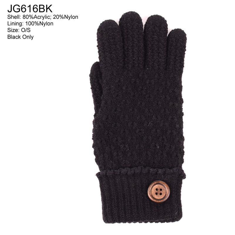 JG616_BLACK - One Dozen Ladies Double Layer Fur Lining Knit Gloves w/ Button Accent
