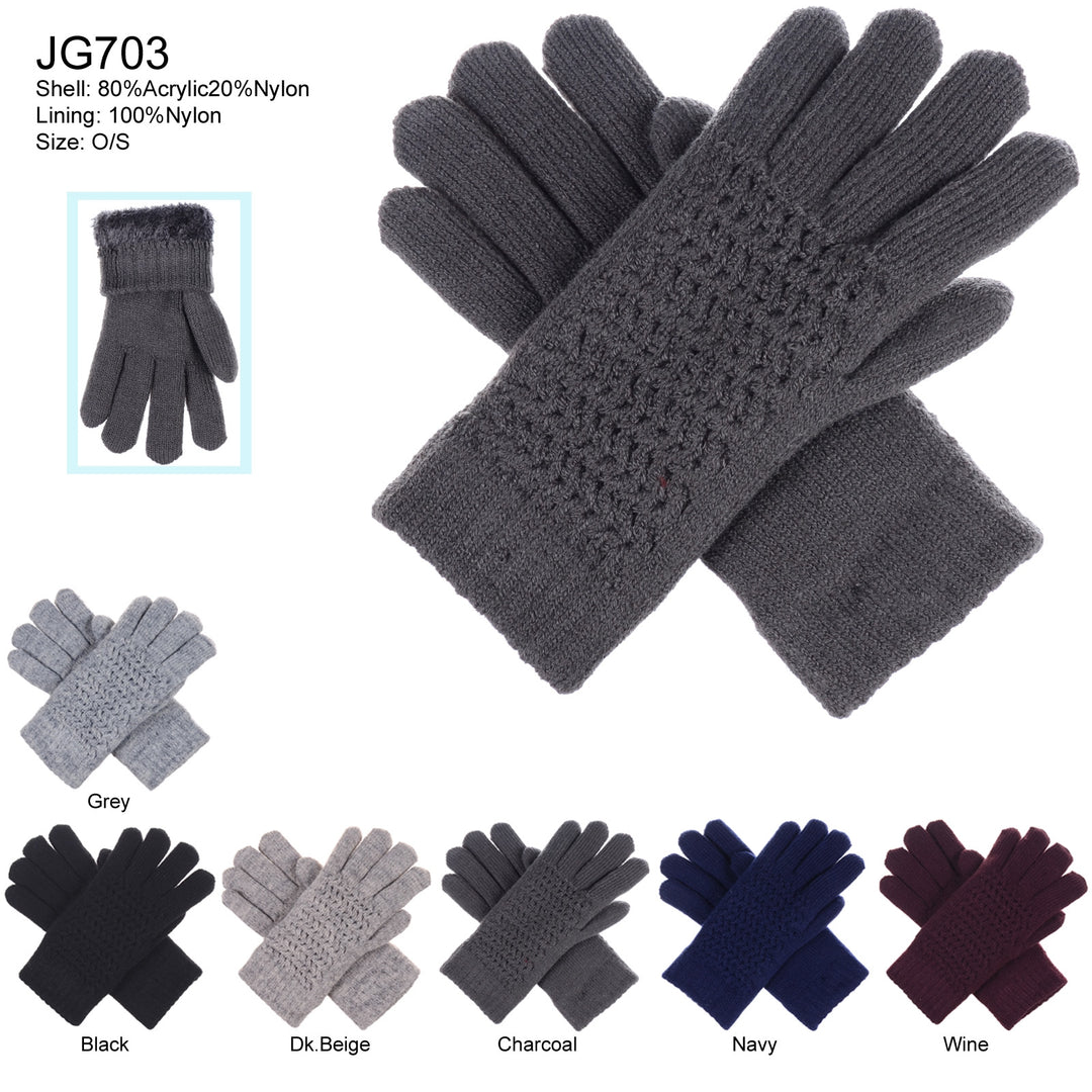JG703 - One Dozen Ladies Solid Double Layer Fur Lining Knit Gloves