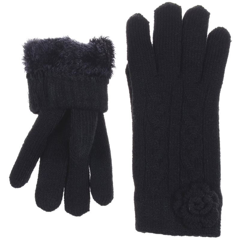 JG706BK - One Dozen Ladies Soft inside Fur Lining Flower Accent Gloves