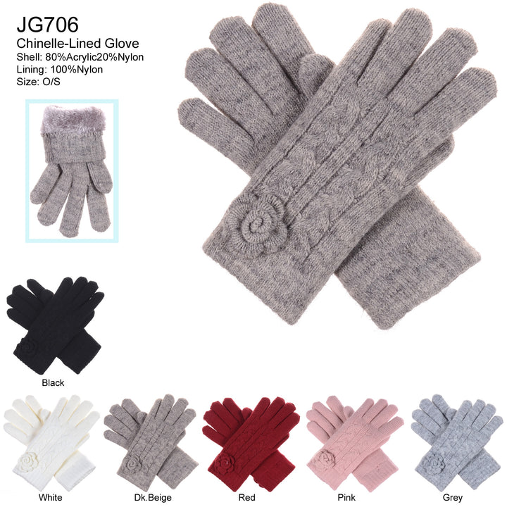 JG706 - One Dozen Ladies Soft inside Fur Lining Flower Accent Gloves