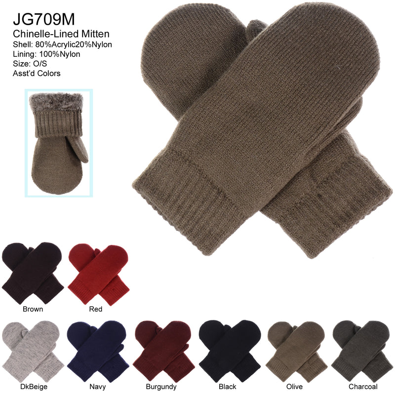 JG709M - One Dozen Toasty Warm Solid Fleece Lined Knit Mittens Gloves