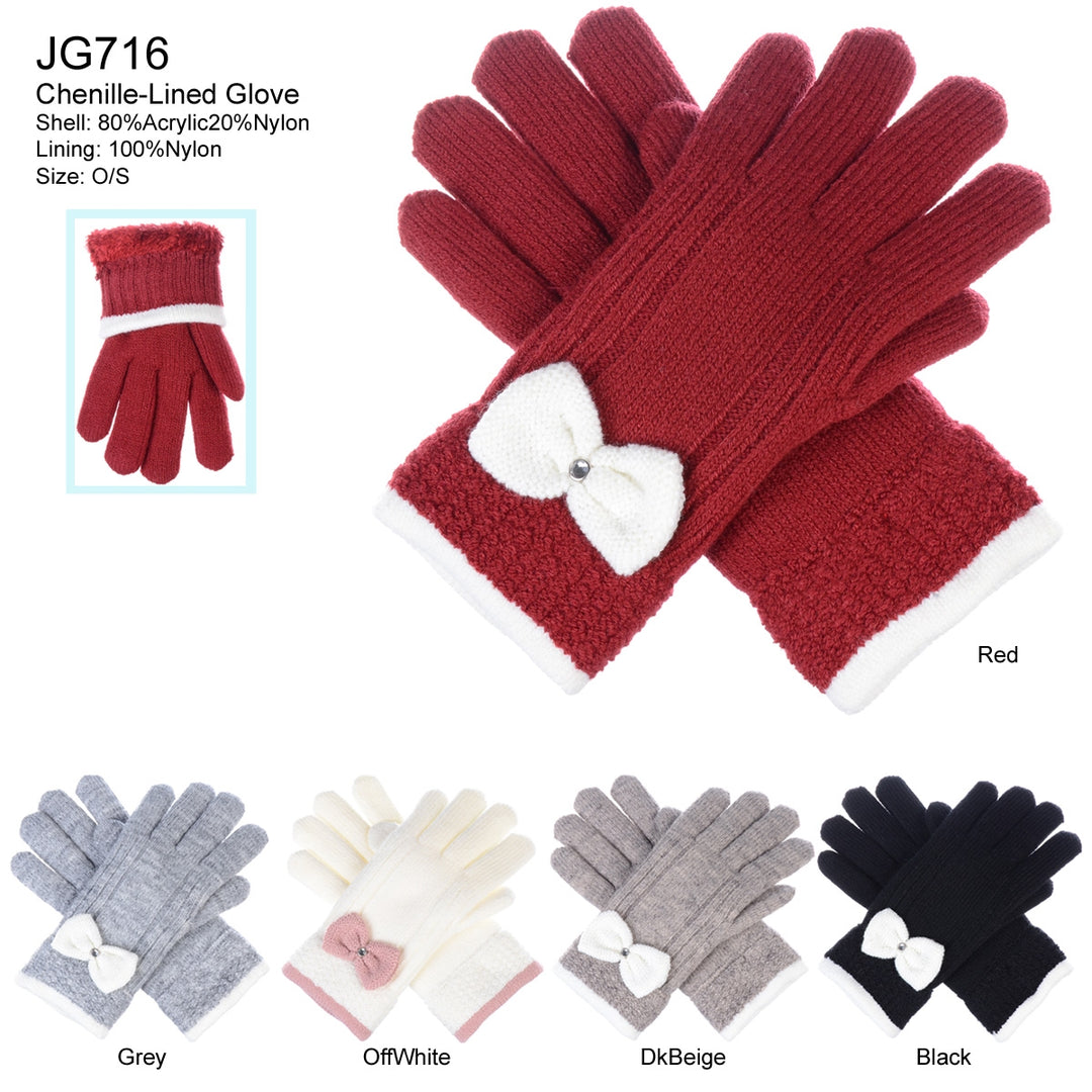 JG716 - One Dozen Ladies Warm Plush fleece Lined Knit Glove with Bow