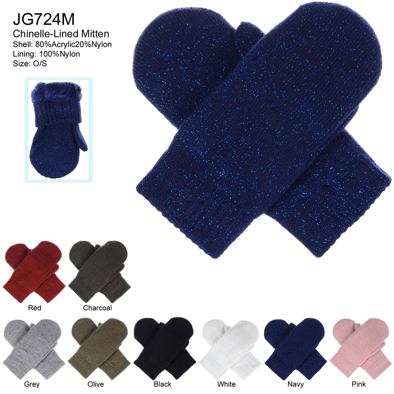 JG724M - One Dozen Toasty Warm Solid Glitter Fleece Lined Knit Mittens Gloves