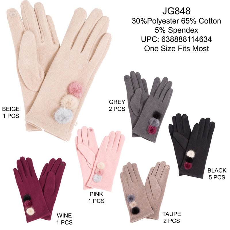 JG848 - One Dozen Ladies Solid Color Ladies Screen-touch Gloves with color pom-pom studded