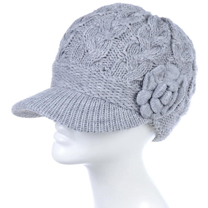 JH501 - One Dozen Winter Chic Cable Warm Fleece Lined Crochet Knit Hat W/Visor Newsboy Cabbie Cap