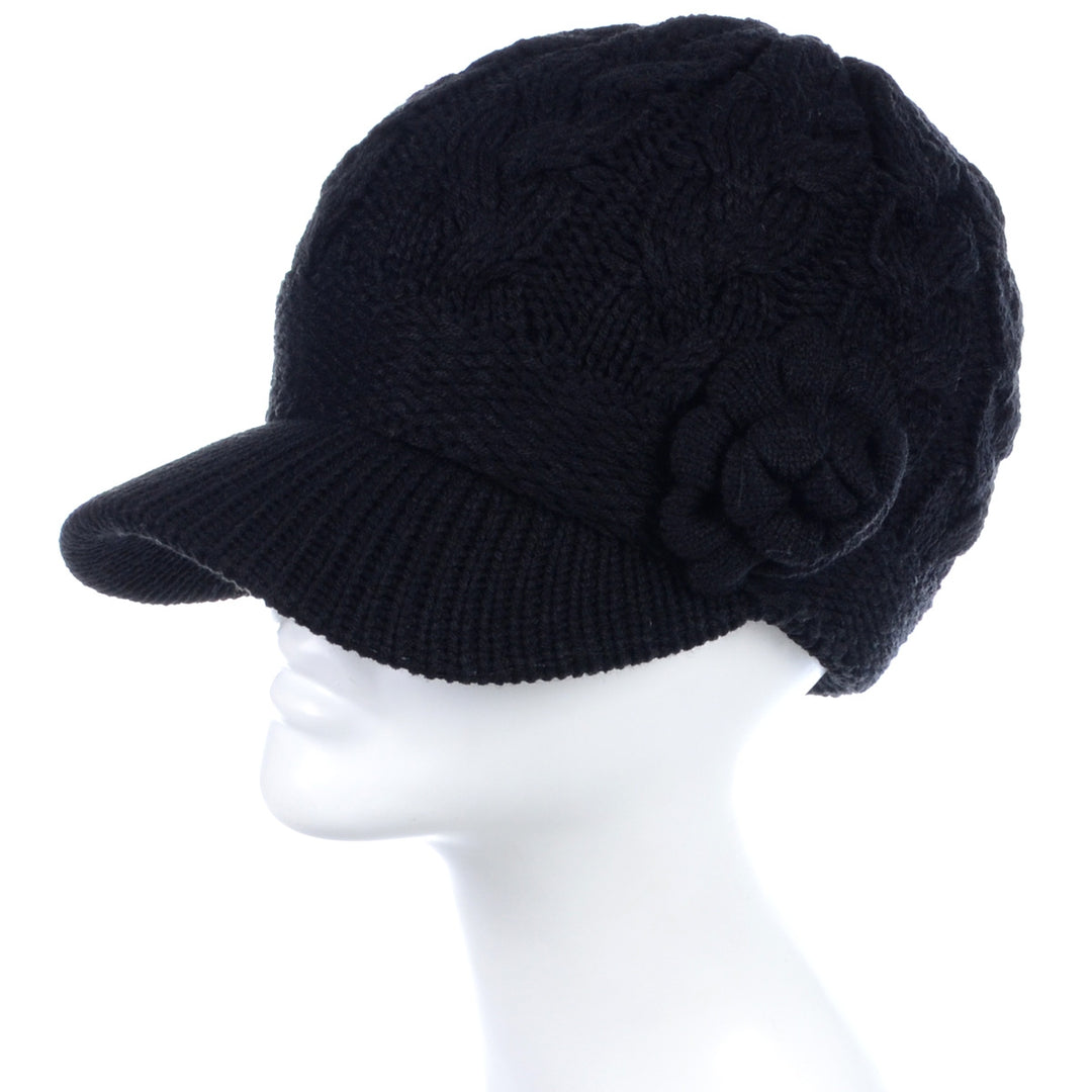 JH501 - One Dozen Winter Chic Cable Warm Fleece Lined Crochet Knit Hat W/Visor Newsboy Cabbie Cap