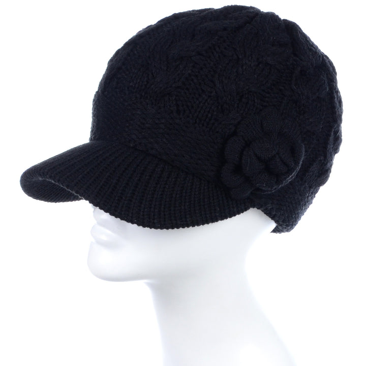 JH501 - One Dozen Winter Chic Cable Warm Fleece Lined Crochet Knit Hat W/Visor Newsboy Cabbie Cap