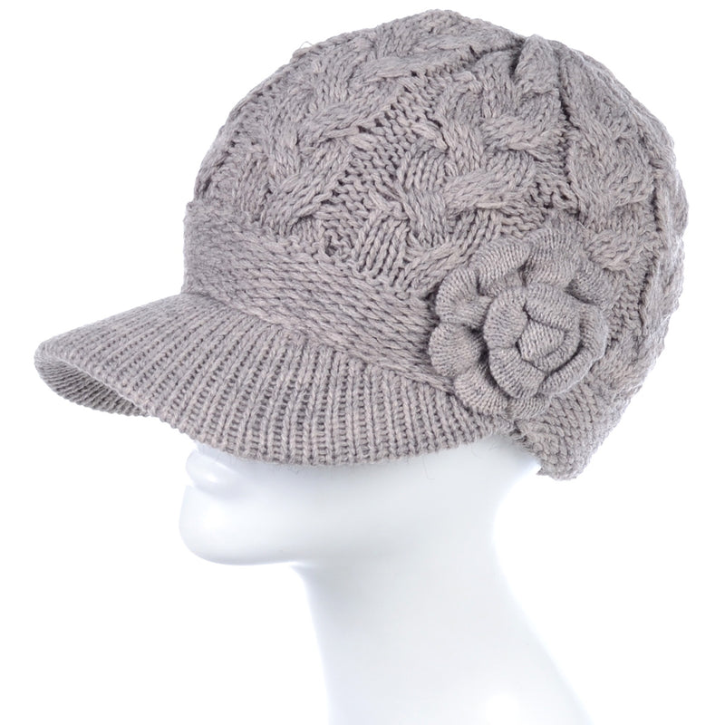 JH501 - One Dozen Winter Chic Cable Warm Fleece Lined Crochet Knit Hat W/Visor Newsboy Cabbie Cap