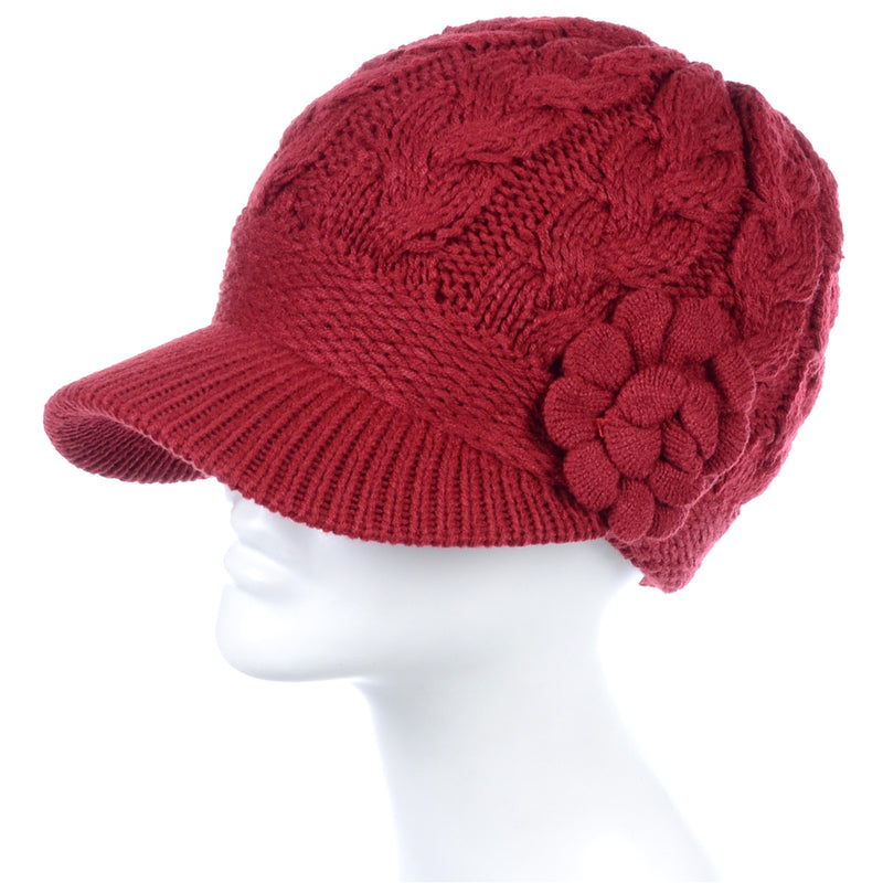 JH501 - One Dozen Winter Chic Cable Warm Fleece Lined Crochet Knit Hat W/Visor Newsboy Cabbie Cap