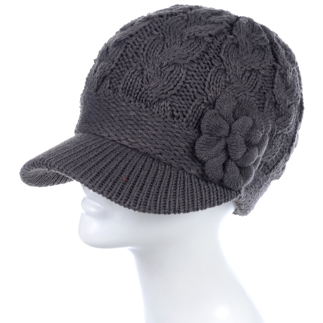 JH501 - One Dozen Winter Chic Cable Warm Fleece Lined Crochet Knit Hat W/Visor Newsboy Cabbie Cap