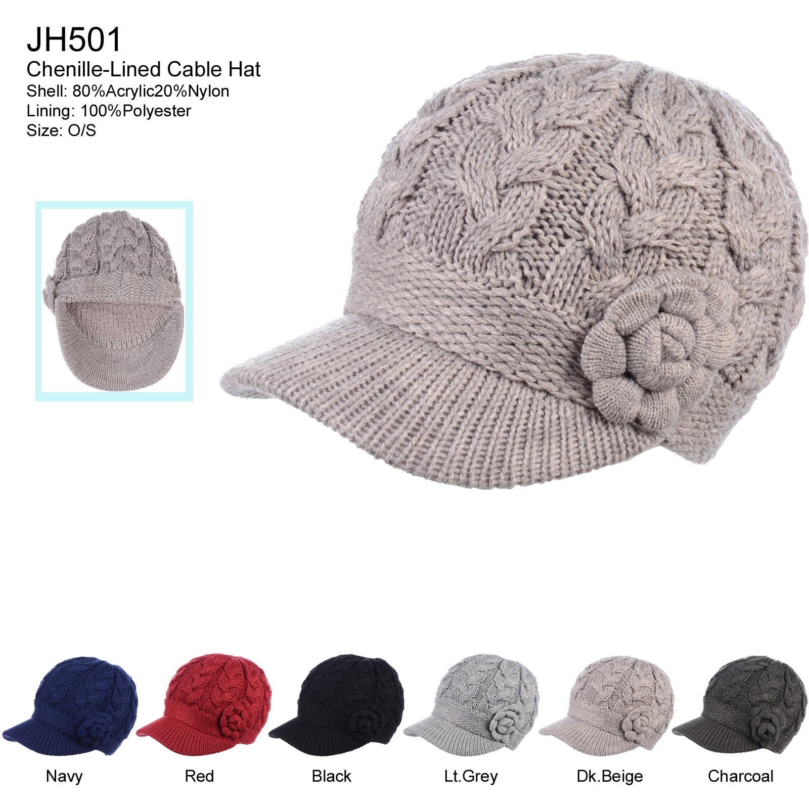 JH501 - One Dozen Winter Chic Cable Warm Fleece Lined Crochet Knit Hat W/Visor Newsboy Cabbie Cap