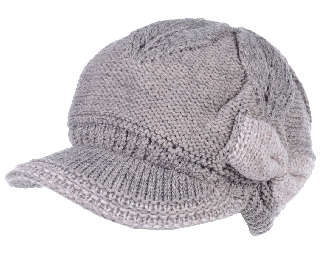 JH502M - One Dozen Winter Chic Cable Warm Fleece Lined Crochet Knit Hat W/Visor Newsboy Cabbie Cap