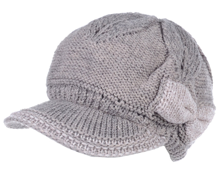 JH502M - One Dozen Winter Chic Cable Warm Fleece Lined Crochet Knit Hat W/Visor Newsboy Cabbie Cap