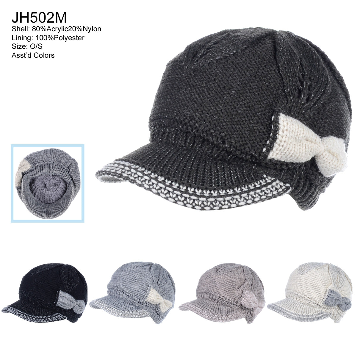 JH502M - One Dozen Winter Chic Cable Warm Fleece Lined Crochet Knit Hat W/Visor Newsboy Cabbie Cap
