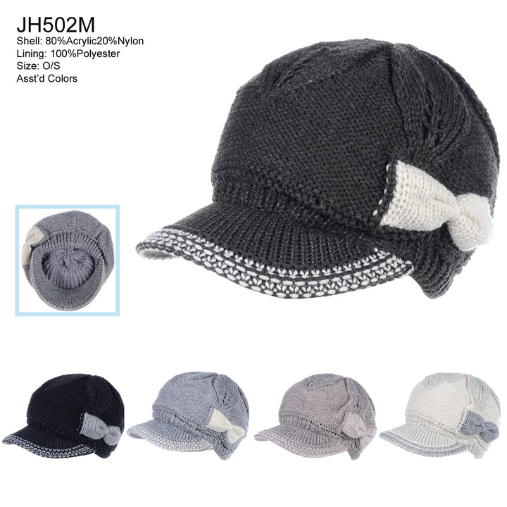 JH502M - One Dozen Winter Chic Cable Warm Fleece Lined Crochet Knit Hat W/Visor Newsboy Cabbie Cap