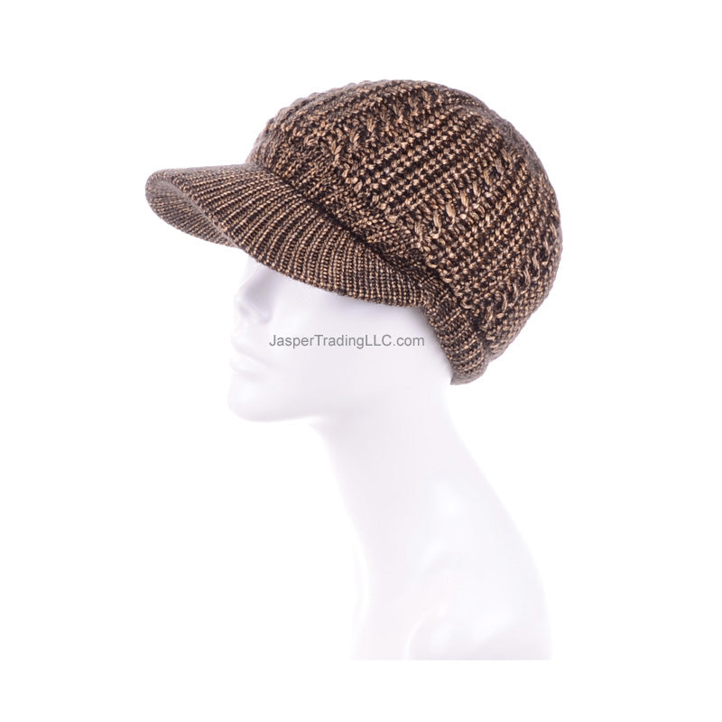 JH509 - One Dozen Winter Chic Cable Warm Fleece Lined Crochet Knit Hat W/Visor Newsboy Cabbie Cap