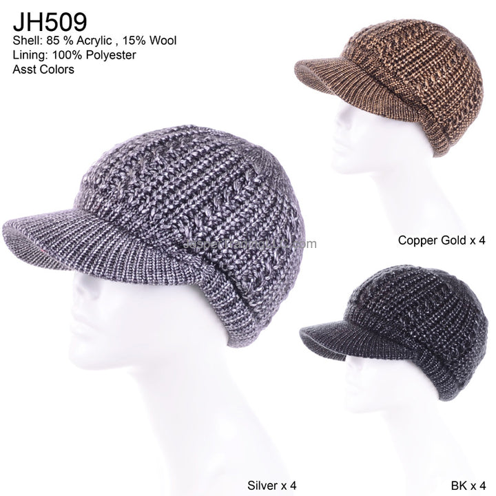 JH509 - One Dozen Winter Chic Cable Warm Fleece Lined Crochet Knit Hat W/Visor Newsboy Cabbie Cap