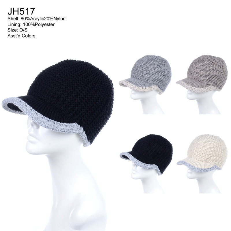 JH517 - One Dozen Winter Chic Cable Warm Fleece Lined Crochet Knit Hat W/Visor Newsboy Cabbie Cap
