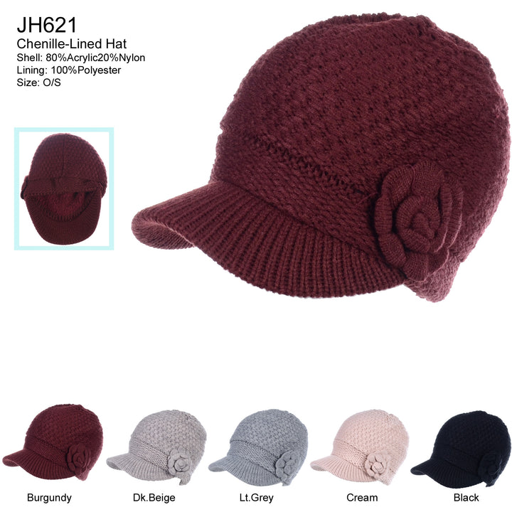 JH621 - One Dozen Winter Chic Cable Warm Fleece Lined Crochet Knit Hat W/Visor Newsboy Cabbie Cap