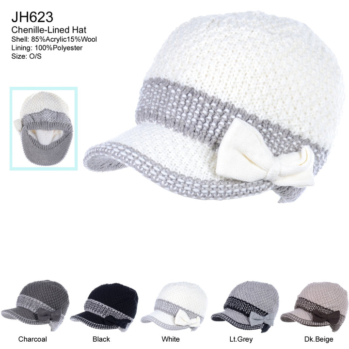 JH623 - One Dozen Cable Knitted Beret Visor Beanie Hat with Scrunchy