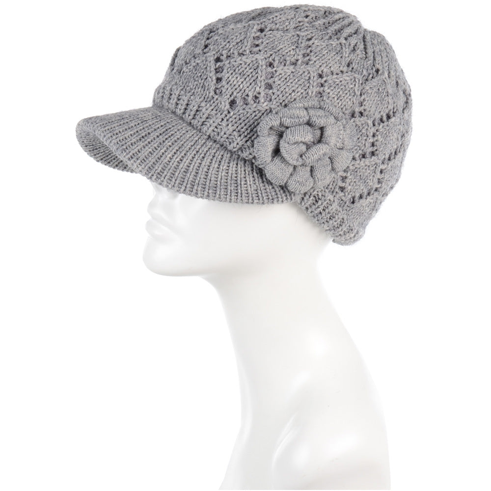 JH701 - One Dozen Winter Chic Cable Warm Fleece Lined Crochet Knit Hat W/Visor Newsboy Cabbie Cap