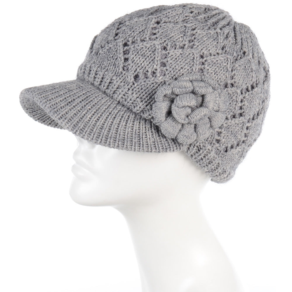 JH701 - One Dozen Winter Chic Cable Warm Fleece Lined Crochet Knit Hat W/Visor Newsboy Cabbie Cap