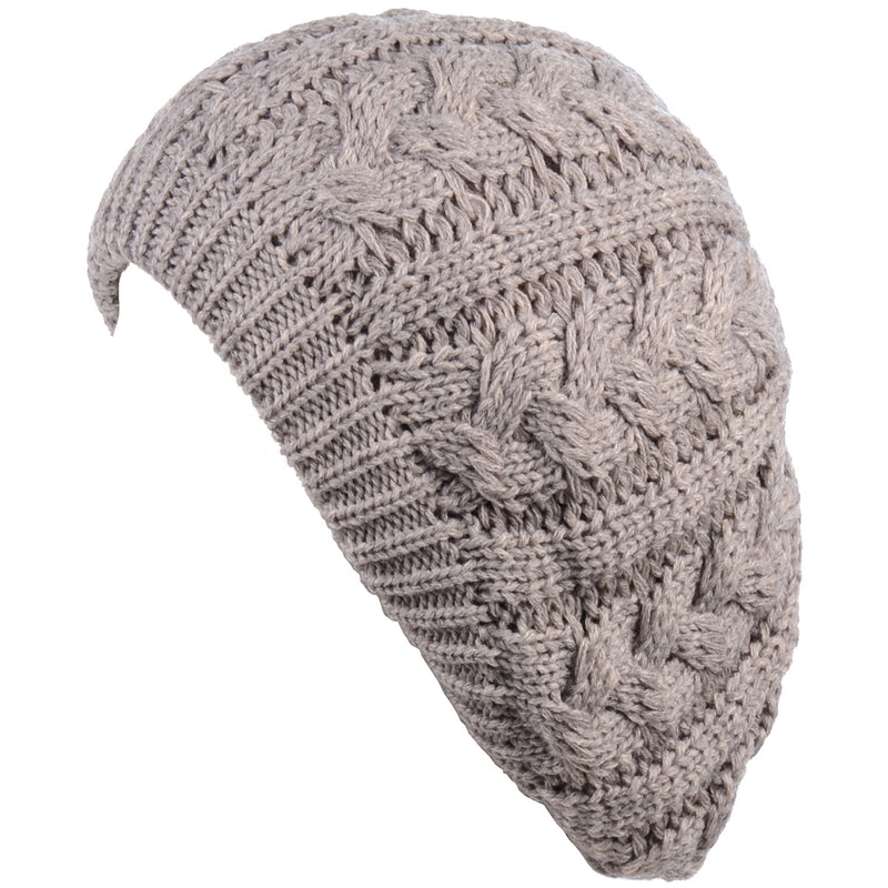 JH710A - One Dozen Winter Fleece Lined Urban Boho Slouch Cable Knit Beret Beanie Hat
